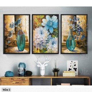 Tranh treo tường dành cho người tuổi mão - bộ 3 tấm tranh hoa - tranh treo phòng khách, phòng ngủ laminate tráng gương