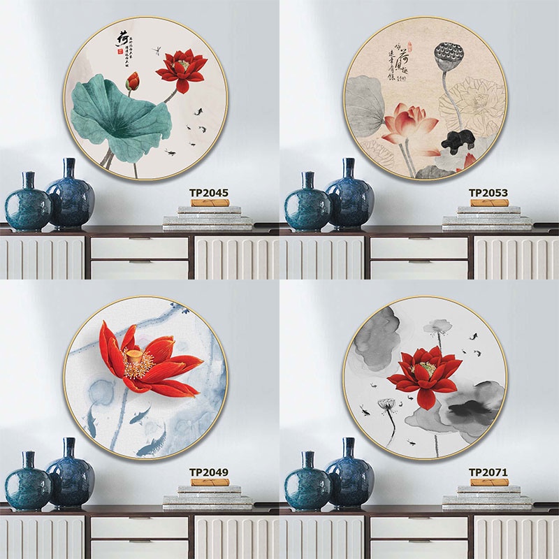 Tranh Hoa Sen màu Đỏ chất liệu Vải Canvas Thuận Phát - Tranh tròn treo tường - tpdecor