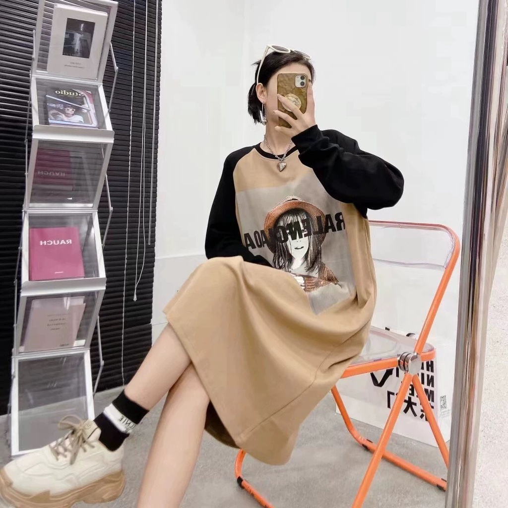 Váy suông in hình cô gái chữ balen chất thun loại 1 mùa thu đông dáng dài tay bo 3 màu dễ thương - Tirahouse