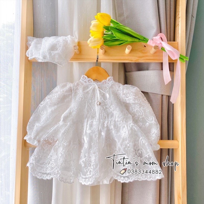 Set váy công chúa trắng thiết kế ren hoa nhí cho bé gái đầy tháng/ thôi nôi
