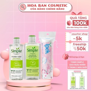 Bông tẩy trang ipek 150 miếng  + SIMPLE Nước Tẩy Trang Micellar Water 200ml + Nước Cân Bằng Da Dịu Nhẹ Toner 200ml