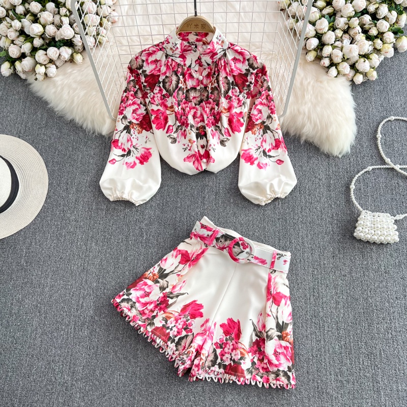 Bộ Áo Sơ Mi Tay Phồng In Hoa + Quần Short Lưng Cao Thời Trang Vintage Cho Nữ 2020