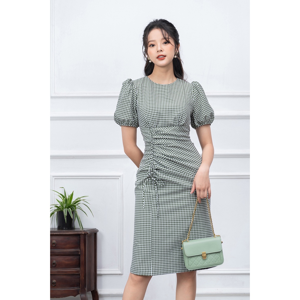 Váy Công Sở Thiết Kế LUPERI Cổ Tròn Thanh Lịch, Eo Cách Điệu, Chất Kẻ Hàn Cao Cấp LFV3275