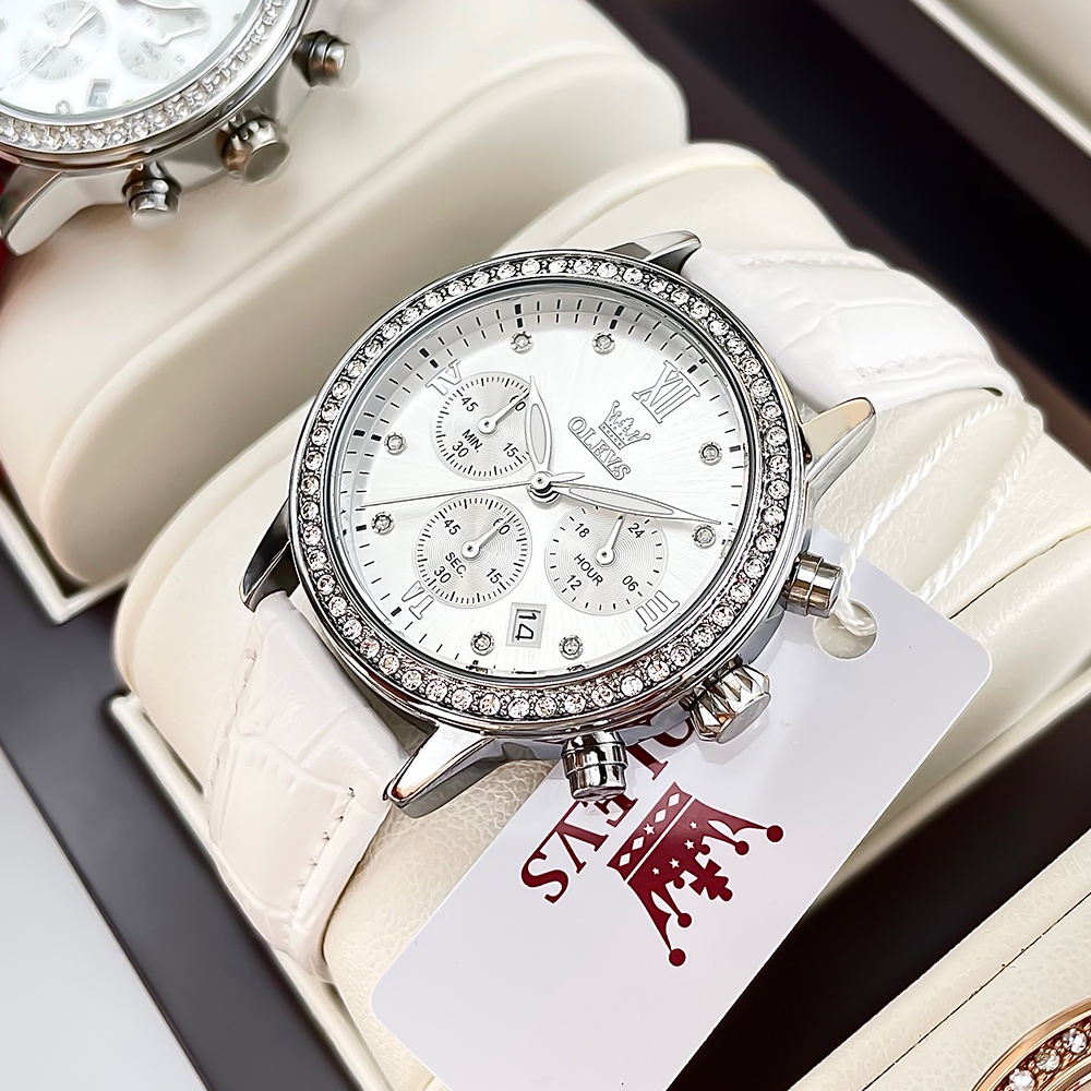 OLEVS 9933 Đồng hồ nữ dây da chính hãng đa chức năng lịch ngày ba mắt sáu kim chronograph dạ quang chống thấm nước