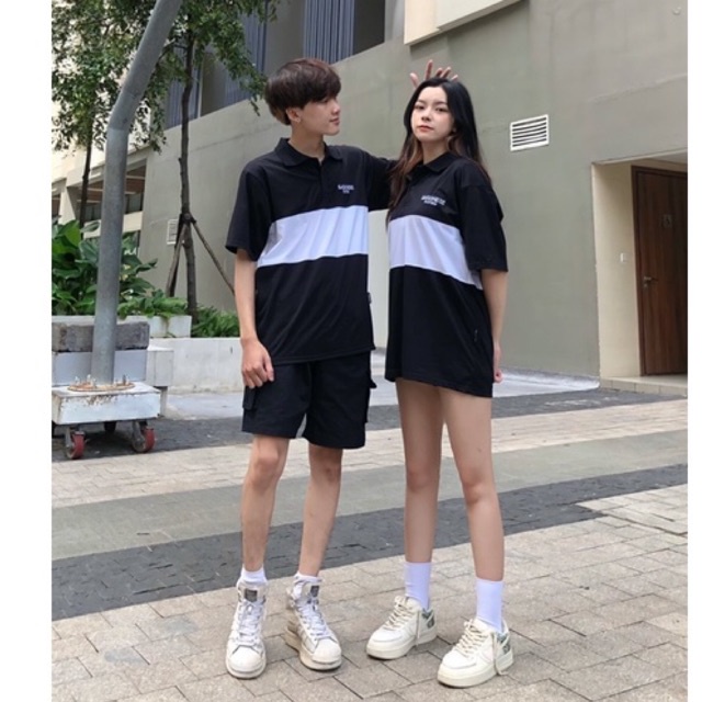 Áo Polo Unisex SAIGONESE Nam Nữ Form Rộng / Đen Sọc Trắng