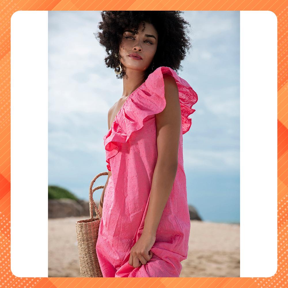 Đầm lệch vai YV LE &amp; CO vải cotton thêu màu hồng nữ tính điệu đà