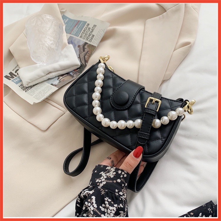 Túi Xách Nữ Đẹp Trần Trám Khoá Lắp Cúc Kèm Dây Ngọc, Đeo Chéo Đeo Vai Phong Cách Trẻ Trung