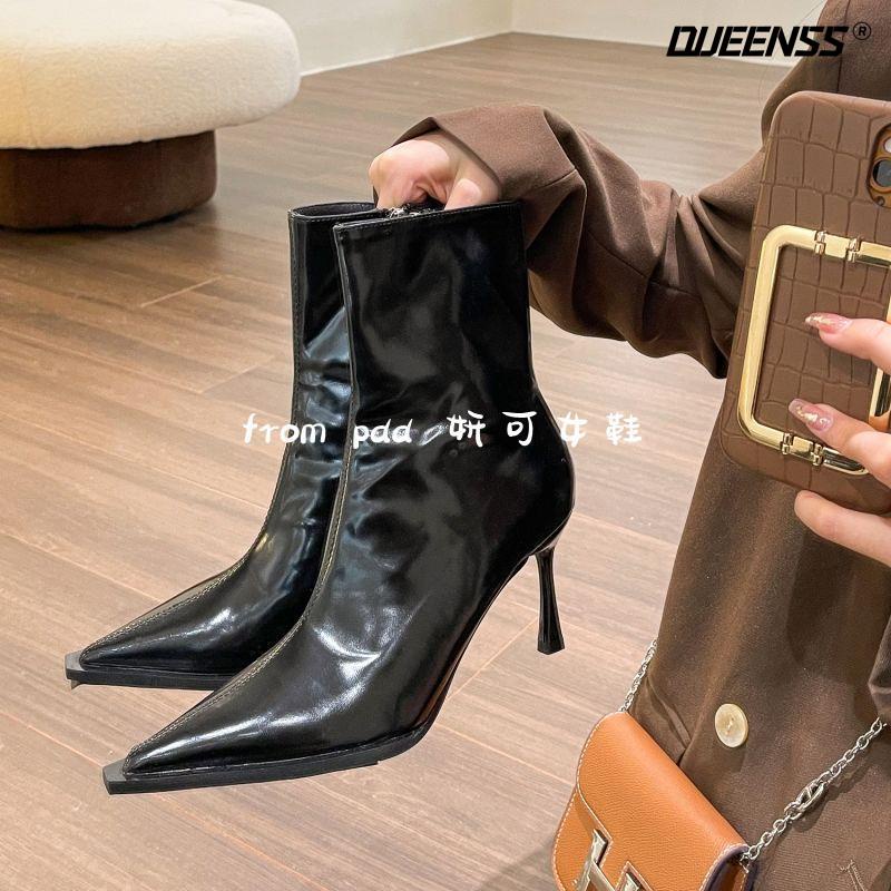 Giày Bốt Cao Gót Mũi Nhọn Chất Da Bóng Quyến Rũ Phong Cách Retro 2022 Cho Bạn Gái