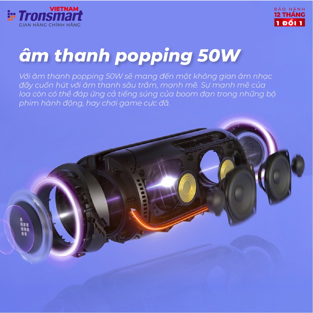 Loa Bluetooth Mini 5.3 ngoài trời chống nước TRONSMART BANG MINI – Đèn Led - Công suất 50W - Chống nước IPX6