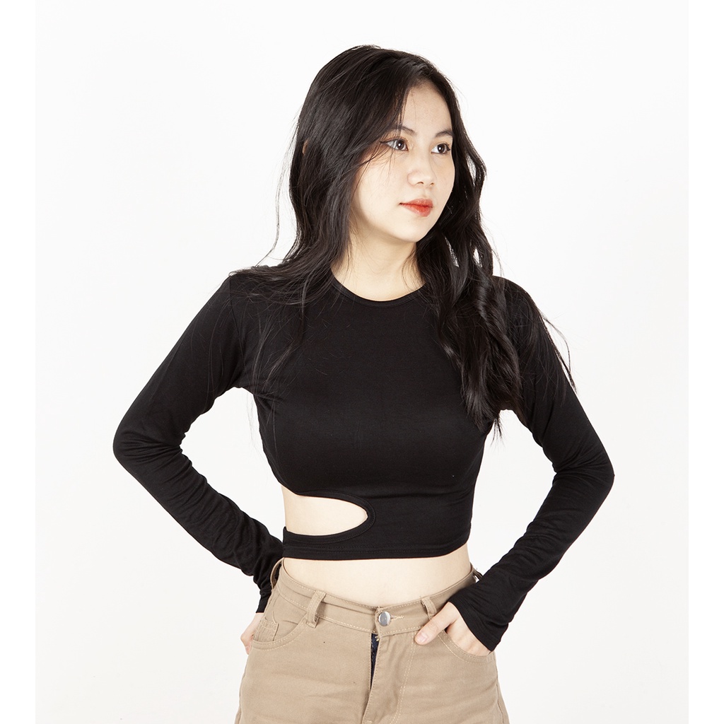Áo thun croptop nữ tay dài ôm khoét eo vải cotton mềm mịn siêu tôn dáng
