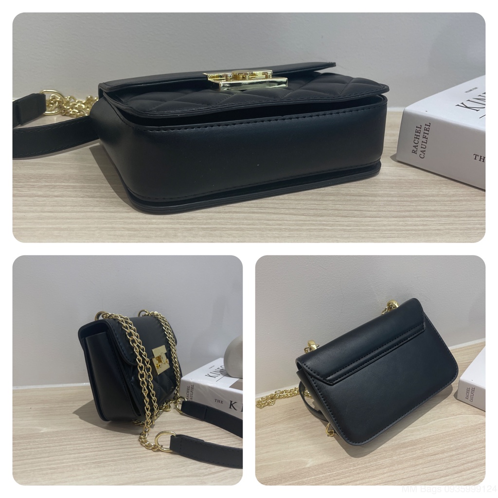 Túi xách đeo chéo khuy bấm MM Bags túi nữ dây xích phối da hoạ tiết ô trám DCE71