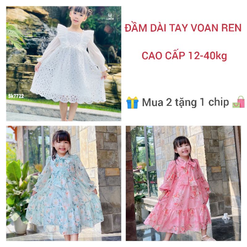 ĐẦM VÁY BÉ GÁI DÀI TAY VOAN TƠ PHỐI REN  BÉ GÁI HAIVANCO từ 12 đến 40 kg mềm mại THOÁNG MÁT đi học đi chơi đều đẹp