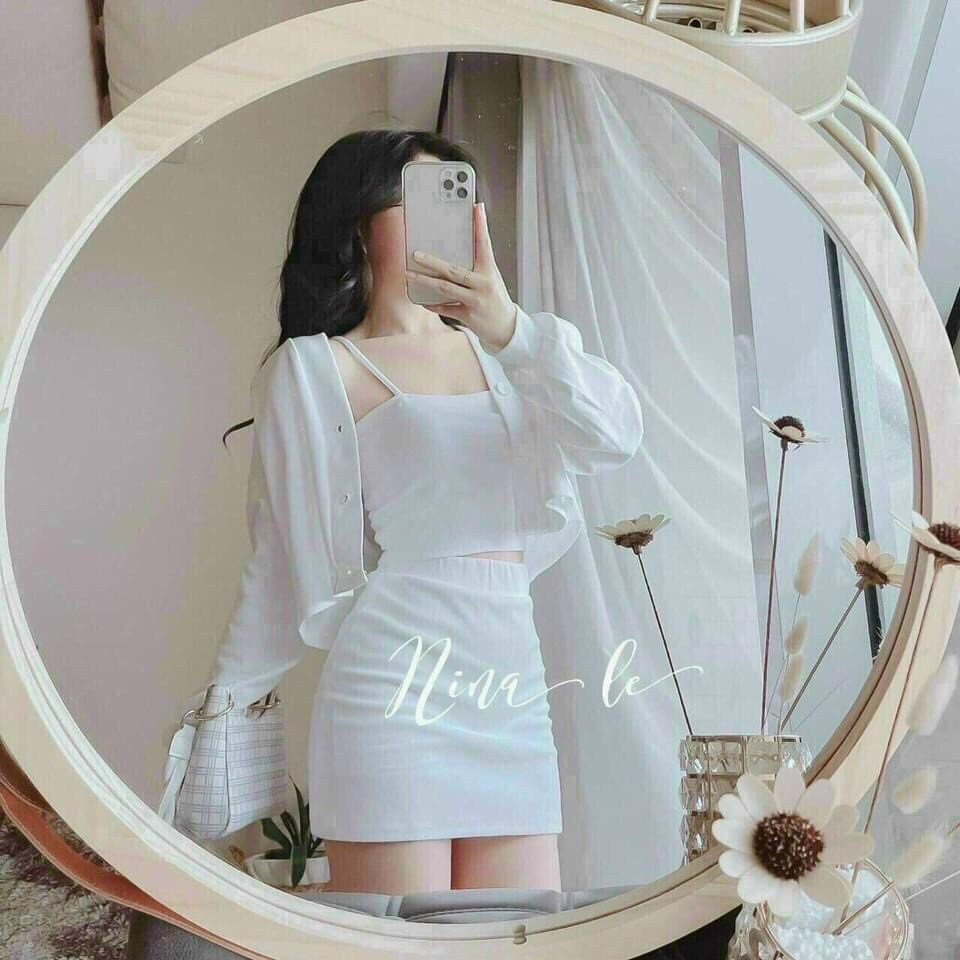 [11.11 Sale Freeship] Set tiểu thư nữ 3 món,chất thun dày dặn áo hai dây phối chân váy chữ A kèm áo khoác dài cực xinh