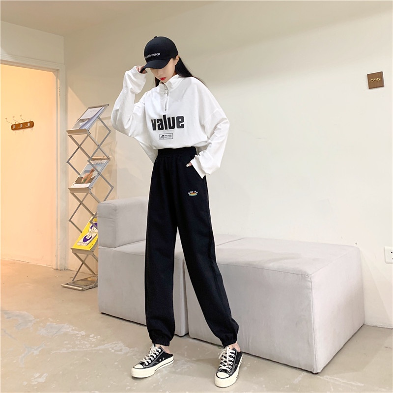 IELGY Quần Dài Thể Thao Lưng Cao Màu Đen Cỡ Lớn Phong Cách Hàn Quốc Thời Trang Cho Nữ