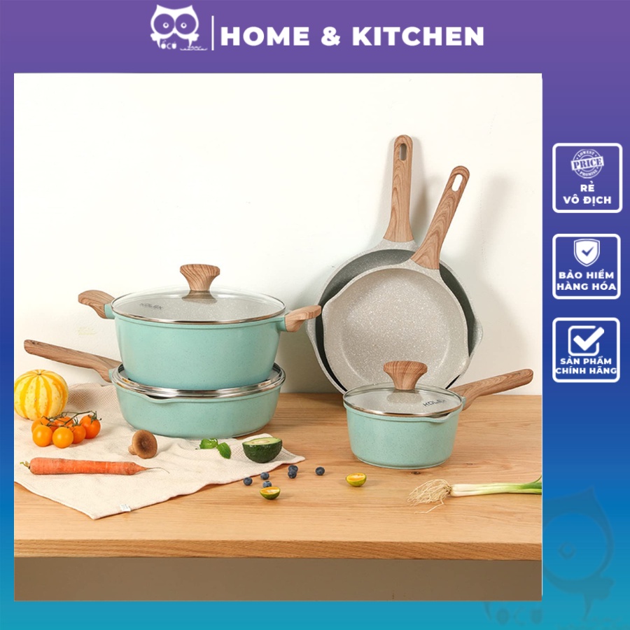 Bộ Nồi Chảo Chống Dính Cao Cấp - Vân Đá Hoa Cương - Đáy Từ Dùng Mọi Loại Bếp