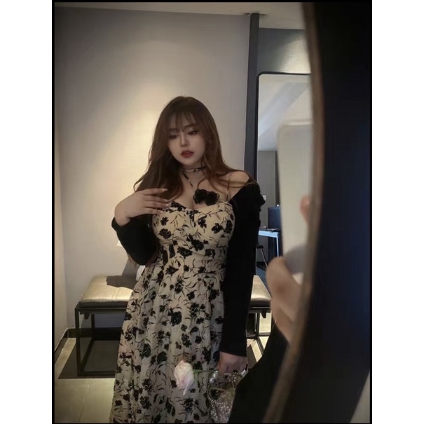 Đầm hai dây hoạ tiết hoa đen Bigsize 75kg