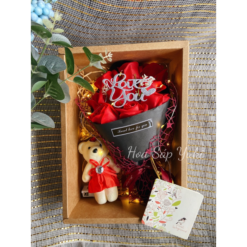 Hoa hồng sáp quà tặng Hộp 9 bông Chữ Love kèm gấu TẶNG đèn led lãng mạn và thiệp chúc CÓ TÚI ẢNH THẬT - Hoa Yuki