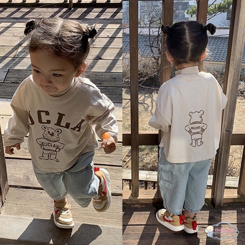 Áo Thun Dài Tay Cổ Tròn Màu Trơn In Họa Tiết Hoạt Hình Cho Bé Trai Và Gái