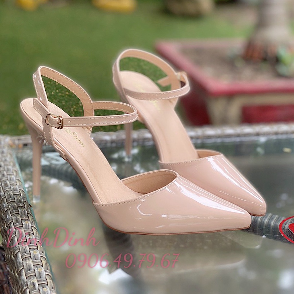 Giày Sandal cao gót nữ bít mũi, đế Pháp đỏ gót nhọn cao 9cm quai hậu khóa cài chất da bóng  - DinhDinh Store