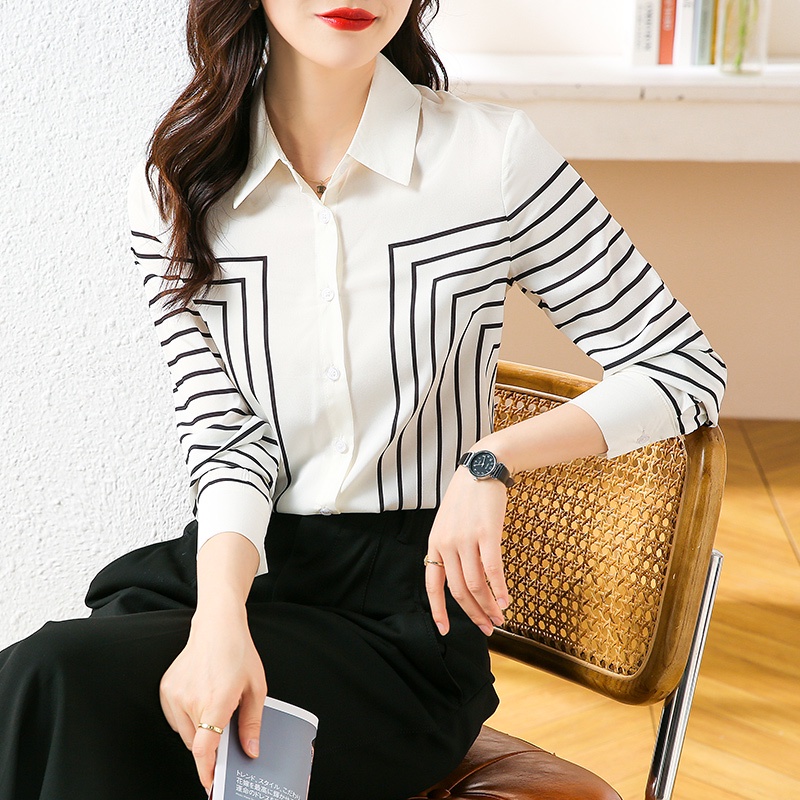 Áo Sơ Mi Tay Dài Dáng Rộng Vải Lụa Crepe Họa Tiết Kẻ Sọc Thời Trang Chuyên Nghiệp Cho Nữ