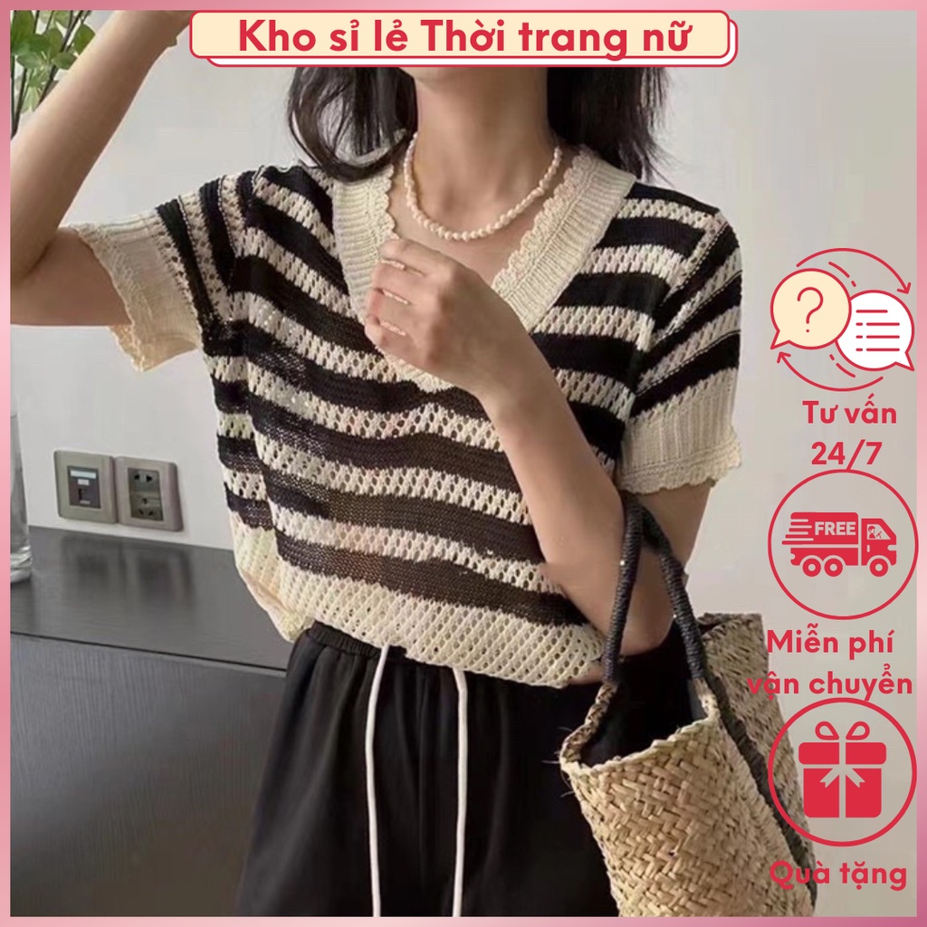 1676. ÁO LEN KẺ SỌC CỔ TIM (hàng có sẵn)