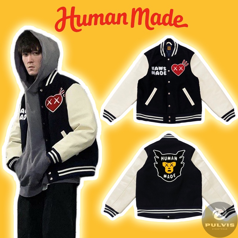 ⚡️[Hight Quality] - Áo Khoác HUMAN MADE X KAWS Varsity Jacket Navy, Áo khoác nỉ Human Made varsity cao cấp