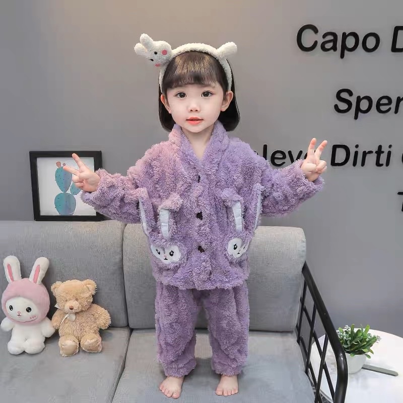 Bộ ngủ Cadigan thỏ bông baby 2 màu dễ thương dành cho bé gái phù hợp với mùa đông 2022