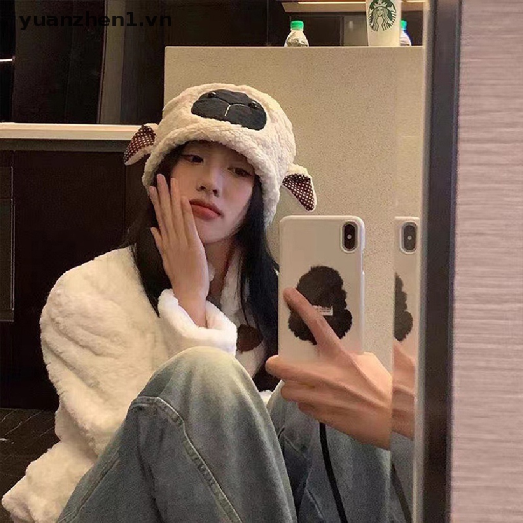 Mũ beanie Lông Cừu Nhân Tạo Giữ Ấm Mùa Đông Kiểu Dáng Hoạt Hình Dễ Thương Dành Cho Nữ