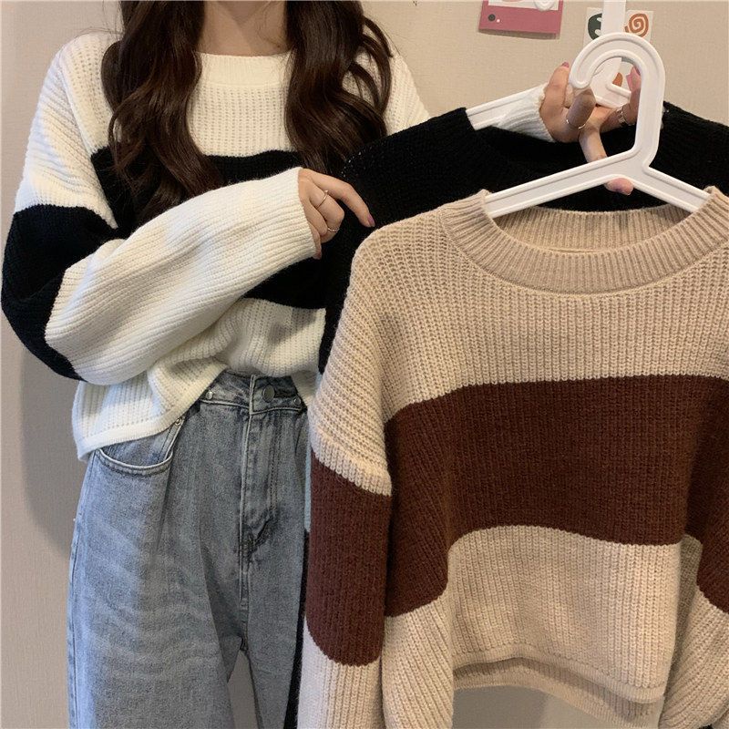 Áo Sweater Tay Dài Dáng Rộng Họa Tiết Kẻ Sọc Thời Trang Hong Kong Cổ Điển Hàng Mới 2022 Dành Cho Bạn Nữ