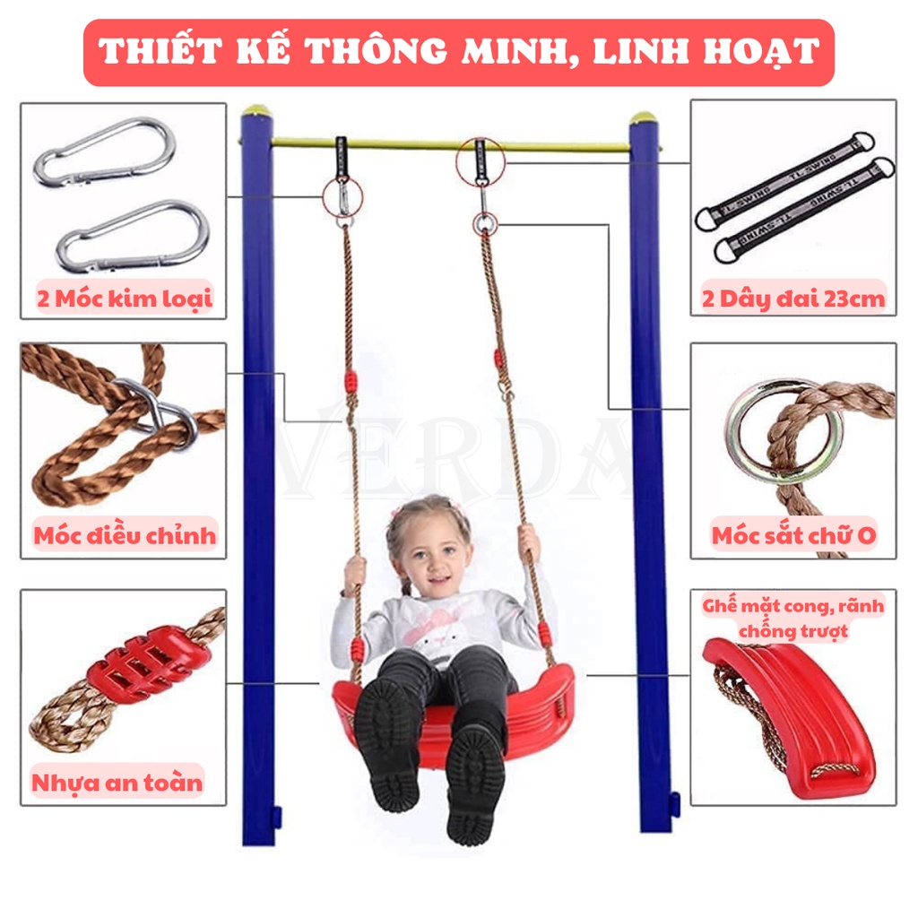 Xích đu cho bé trong nhà ngoài trời VERDA nhựa cao cấp ghế treo đồ chơi vận động trẻ em phụ kiện dây thừng điều chỉnh