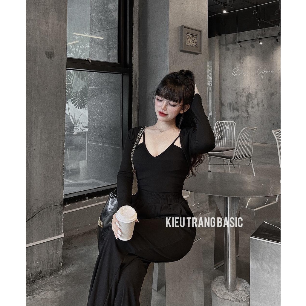 Set Bộ Đồ Nữ Set 3 Món Áo 2 Dây Nhún Ngực Kèm Áo Khoác Ngoài Mix Quần Suông Cạp Chun Freesize