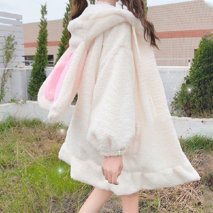 DIDIKA Áo khoác vải lông cừu mềm dài trung bình có mũ trùm đầu kiểu tai thỏ Nhật Bản thời trang thu đông 2022 cho nữ