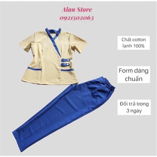 Đồng phục spa vàng mỡ gà viền xanh chất lượng