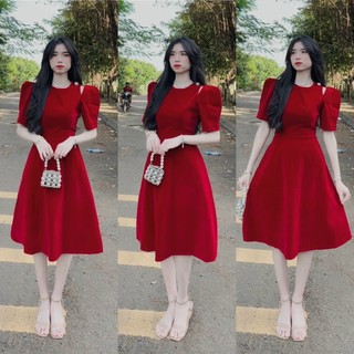 Đầm midi nhung đỏ khoét vai đính nút cườm dáng xòe chơi noel đón Tết