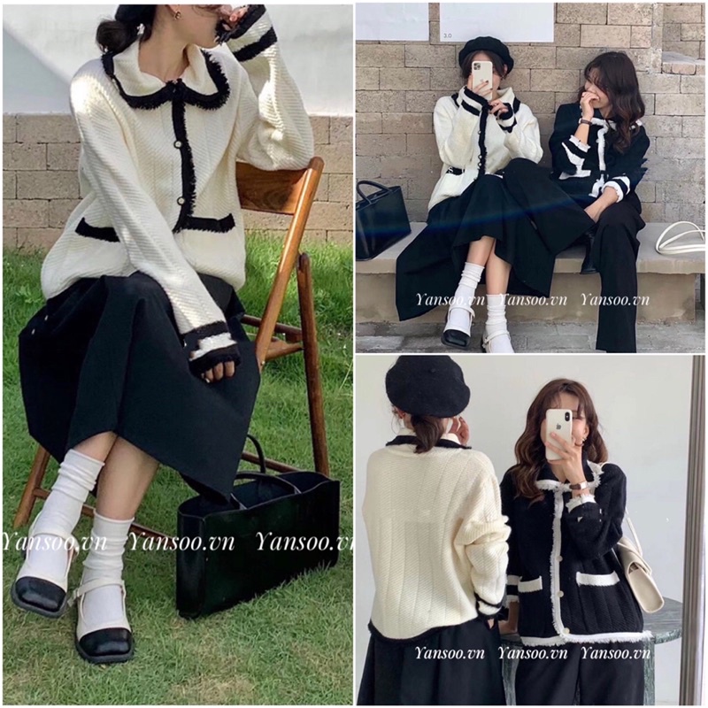 Áo len cardigan cổ bẻ viền tua hai màu đen trắng , áo khoác cardigan len yansoo.vn