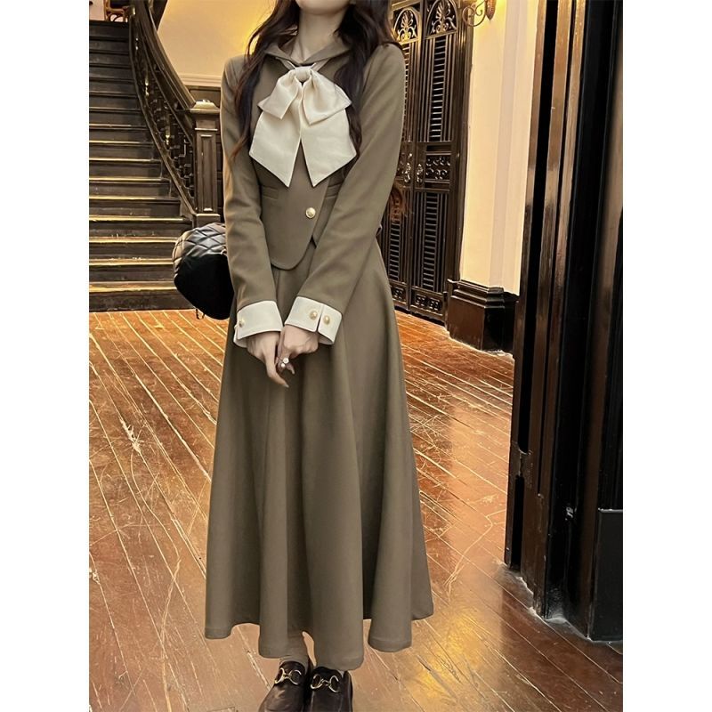 Set váy midi màu nâu cổ dây nơ to - phong cách tiểu thư công sở