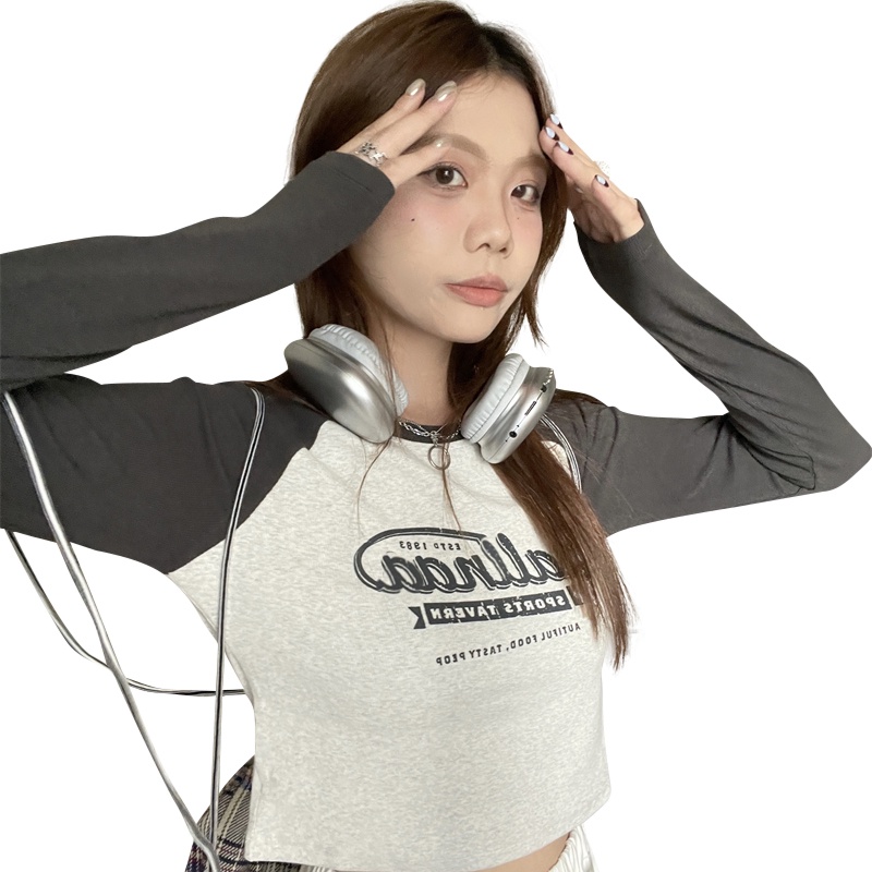 Áo Thun Tay Dài Dáng Ôm In Chữ Phối Màu Tương Phản Thời Trang Mùa Thu Mới Cho Nữ