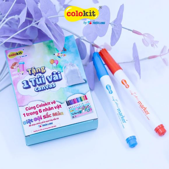 Bút vẽ lên vải 12 màu Fabric Marker Thiên Long Colokit FM-C002 - Tặng kèm túi vải Canvas
