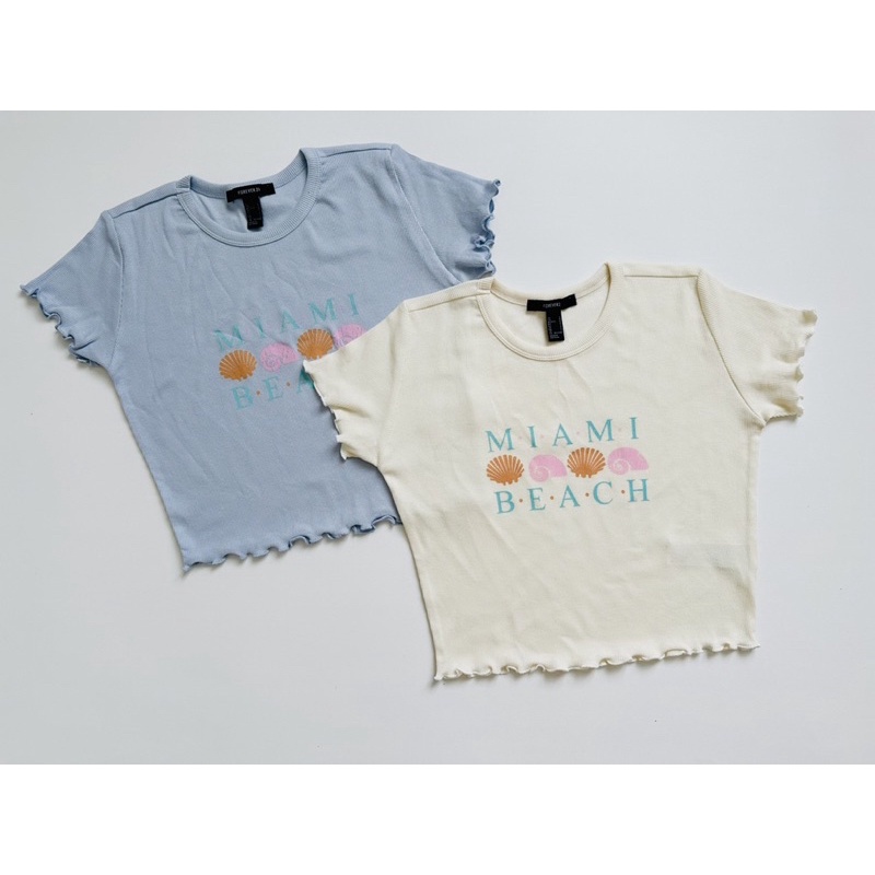 Áo croptop ôm xoăn lai thun bo gân in Miami Beach, 2 màu