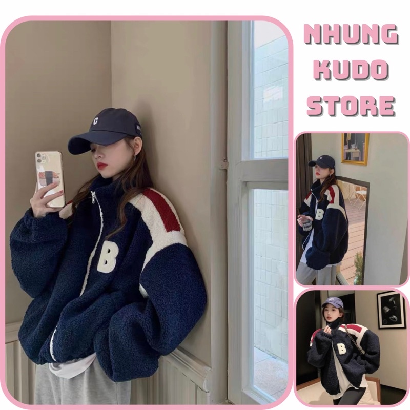 Áo khoác lông phối tay trắng đỏ thêu chữ B cực dày dặn ấm áp form thụng tay bồng thu đông Nhungkudo