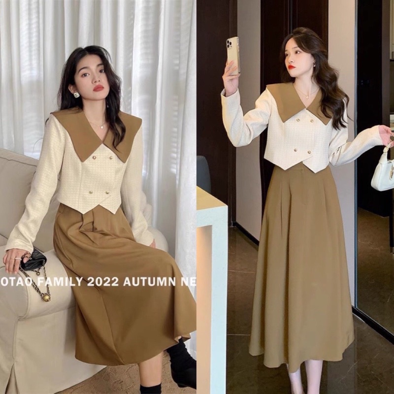 Set áo dạ TEX mix chân váy tơ