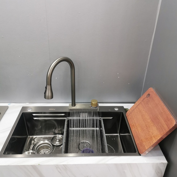 Chậu rửa bát 1 hố kèm vòi thác tiện dụng kích thước lớn 75x46cm Foxis