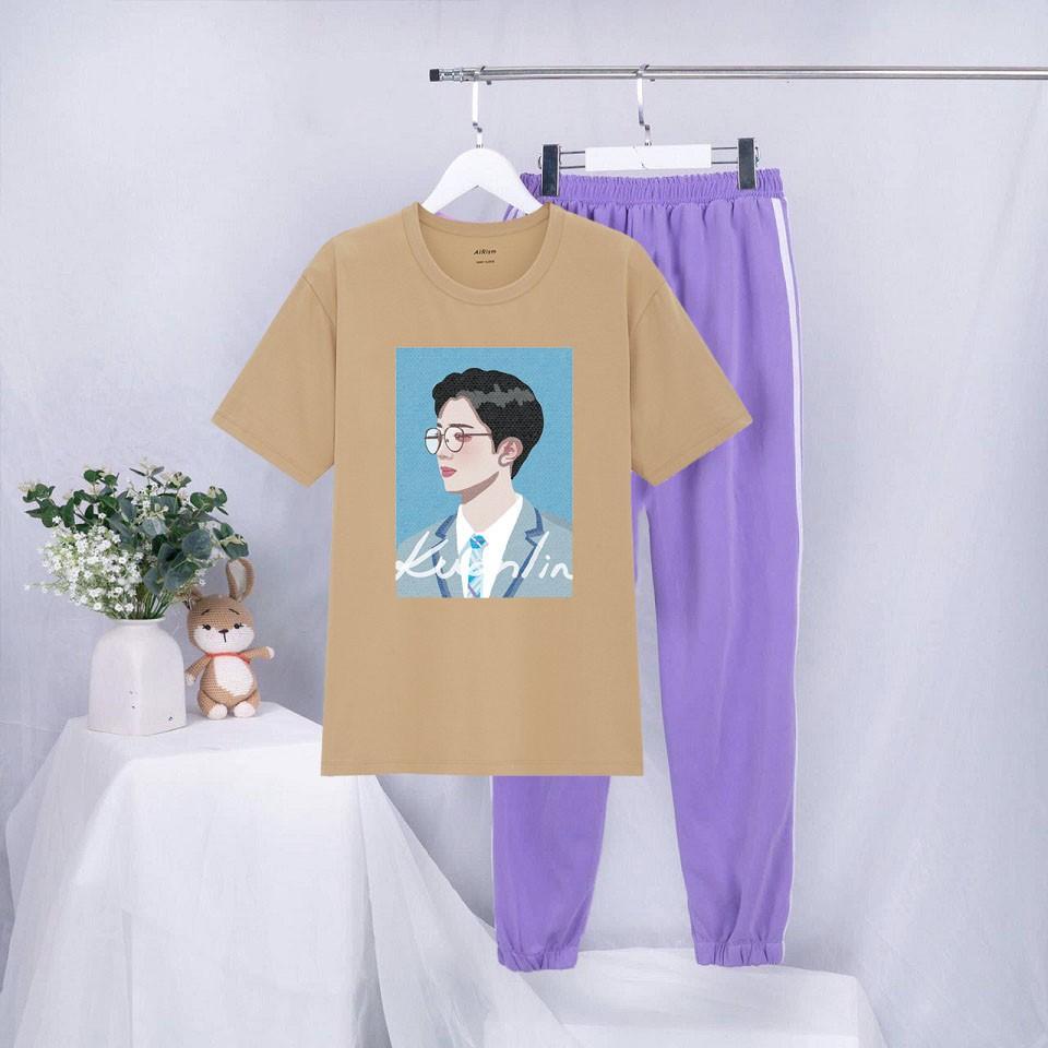 Bộ Đồ Nữ - Áo Cotton Màu Da Mix Quần Dài Sọc Bo Gấu Mặc Đi Chơi Giá Rẻ In 3D Chàng Trai Đeo Kính Kuenli