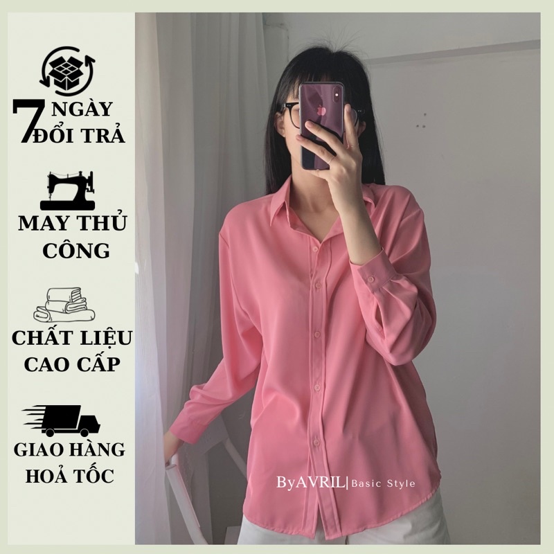 Áo sơ mi nữ form rộng tay dài công sở màu hồng nhạt kiểu Hàn Quốc chất lụa mịn AAS455
