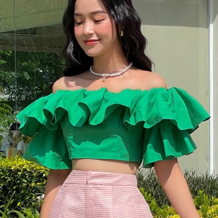 RECHIC Áo kiểu Oryn thiết kế trễ vai có viền bèo trẻ trung gợi cảm phù hợp đi cafe dạo phố