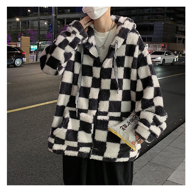 Áo khoác nam dáng rộng, áo khoác lông cừu nam kẻ caro thời trang phong cách Hàn Quốc