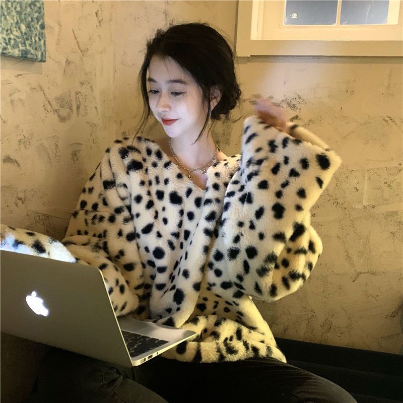 Bán Chạy!Áo Khoác Đệm Lông Cừu Dày Tay Dài Cổ Chữ V In Họa Tiết Da Báo Thời Trang Thu Đông 2022 Mới