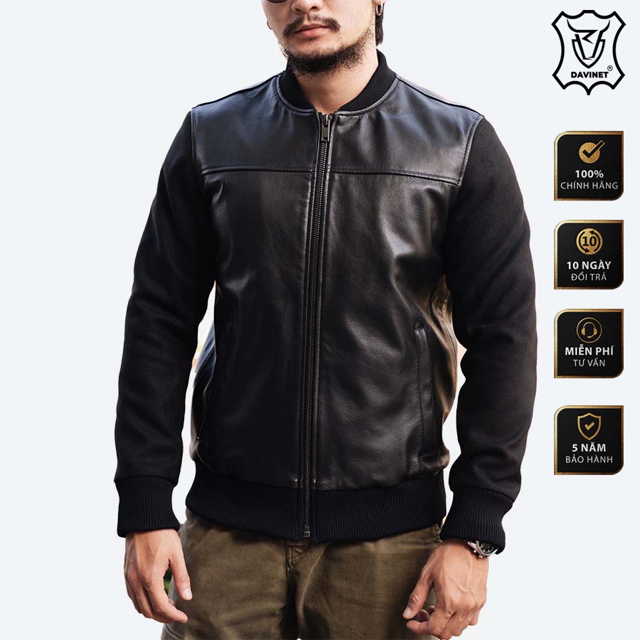 Áo Khoác Bomber Da Xịn Super Bowl DAVINET Am22-11, Da Xịn, Siêu Bền, Mềm Nhẹ, Bảo Hành 5 Năm