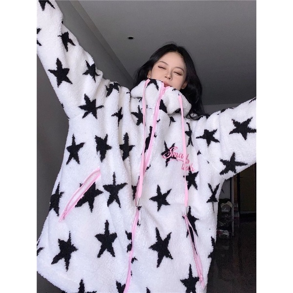 Áo khoác hoodie zip mặt bông hoạ tiết đầy sao Star mũ rộng phong cách Y2K FOOTMADE