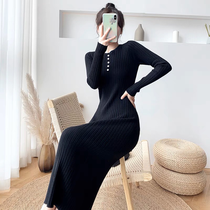 Váy len nữ tay dài fom rộng mẹ bầu | Đầm len nữ dáng dài thụng suông bigsize thu đông